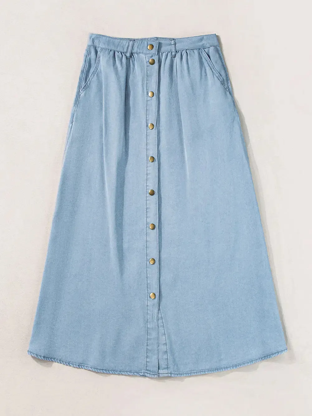Mist Blue Fully Buttoned Long Denim Skirt