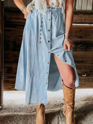 Mist Blue Fully Buttoned Long Denim Skirt