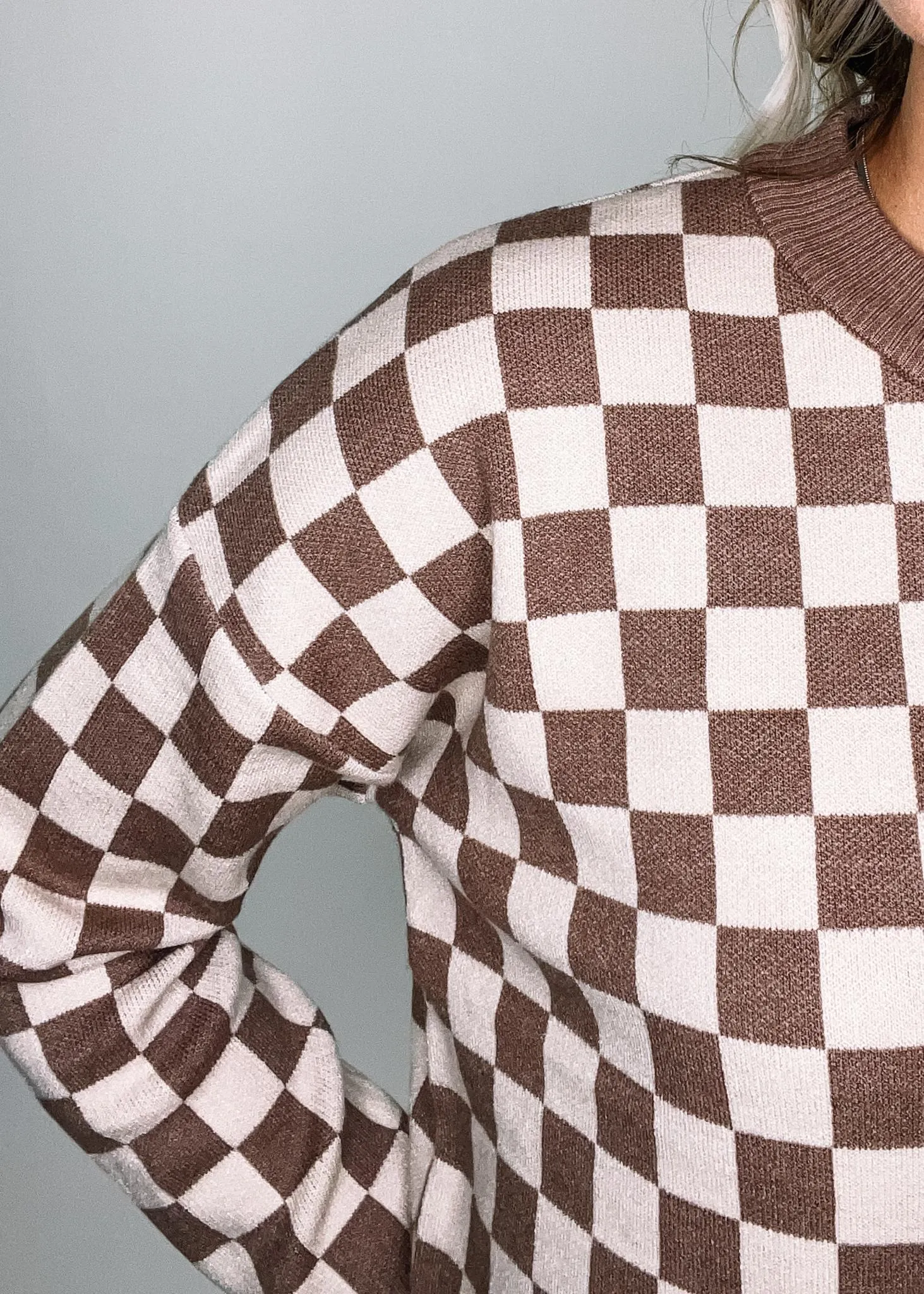 Mocha Checker Board Crew Neck