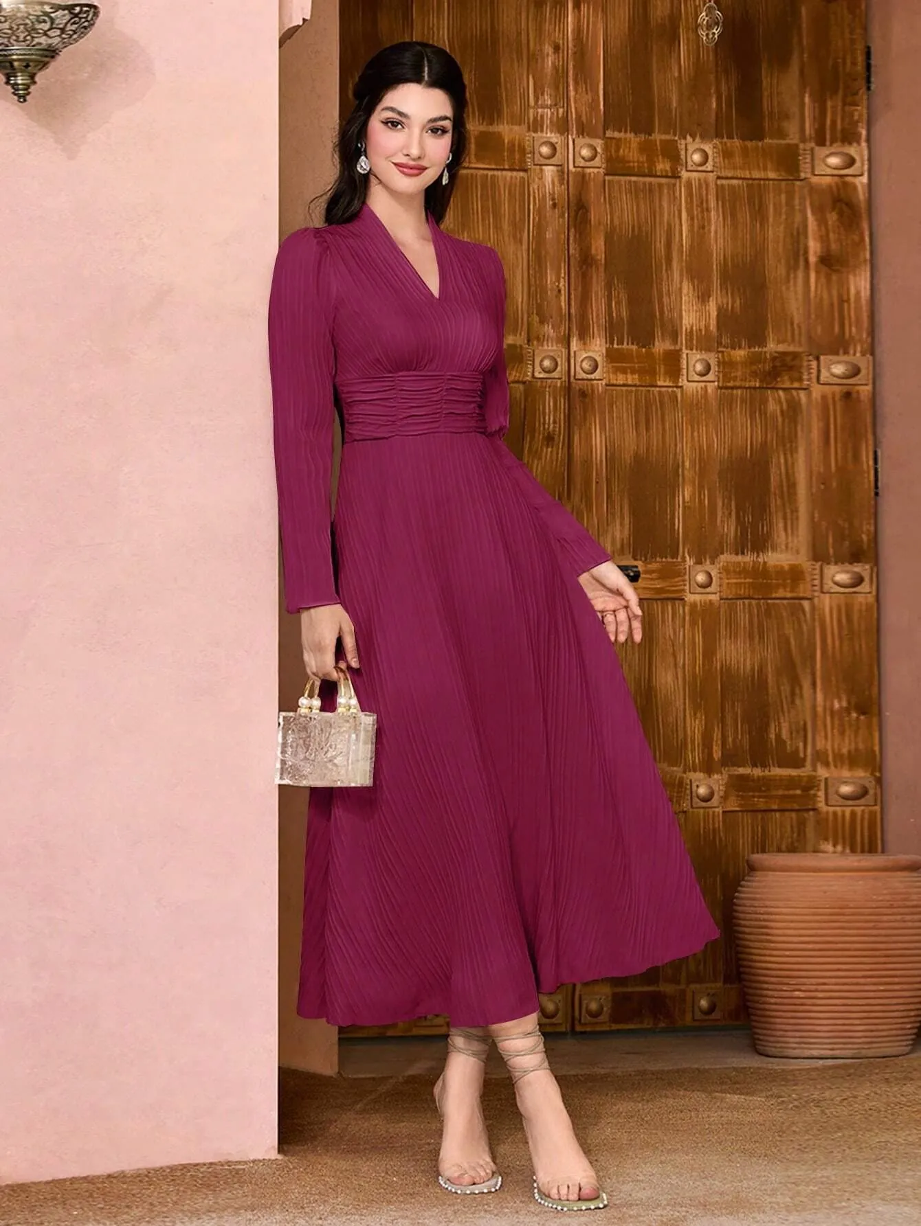 Modely Solid Surplice Neck A-line Dress
