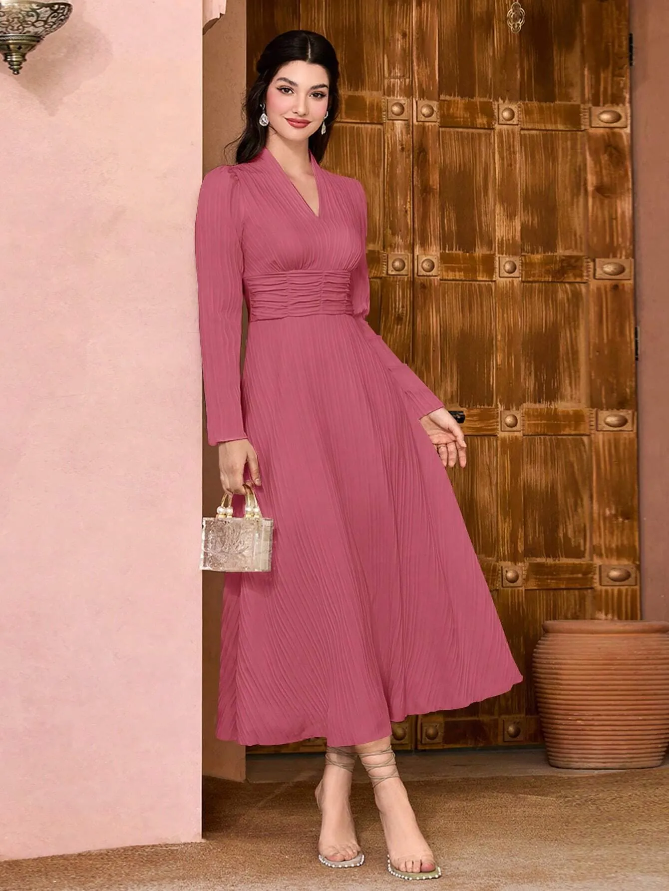 Modely Solid Surplice Neck A-line Dress