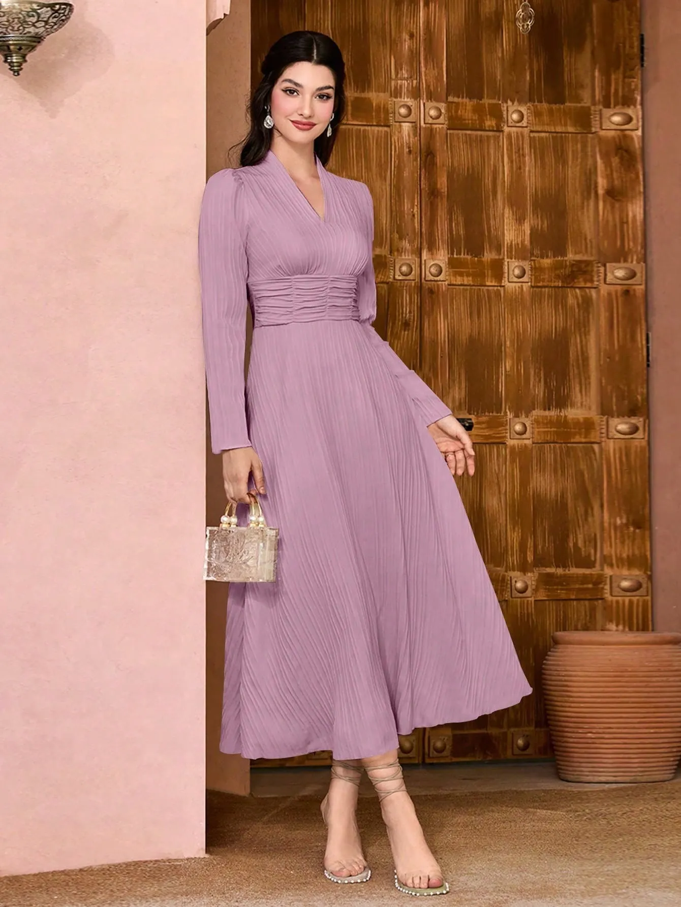Modely Solid Surplice Neck A-line Dress