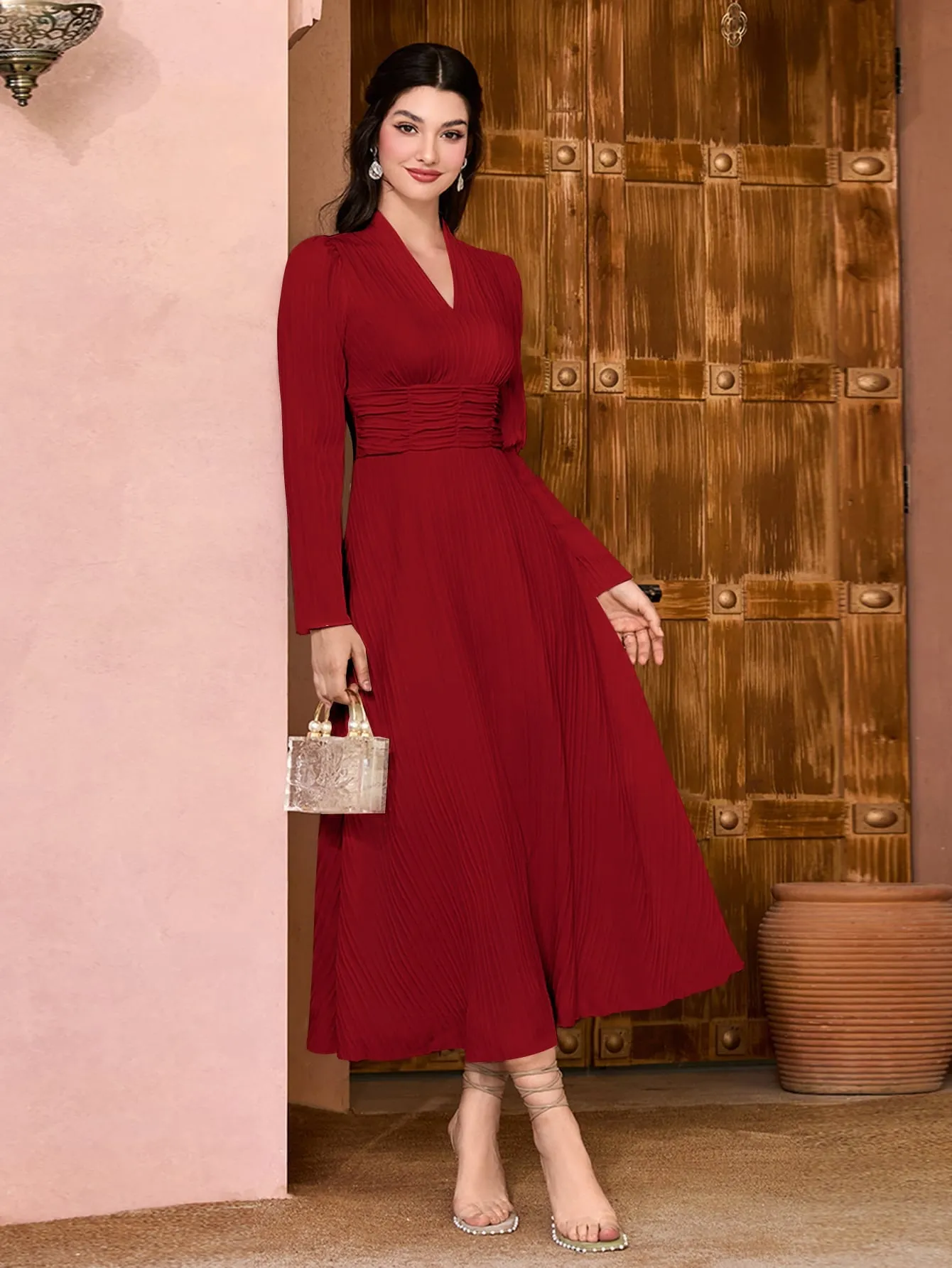 Modely Solid Surplice Neck A-line Dress