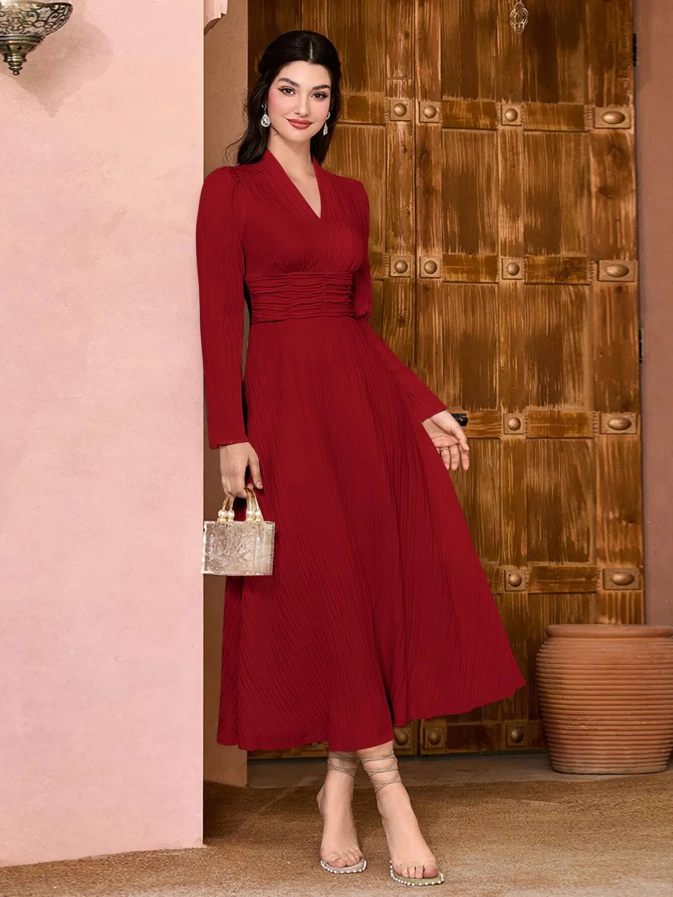 Modely Solid Surplice Neck A-line Dress