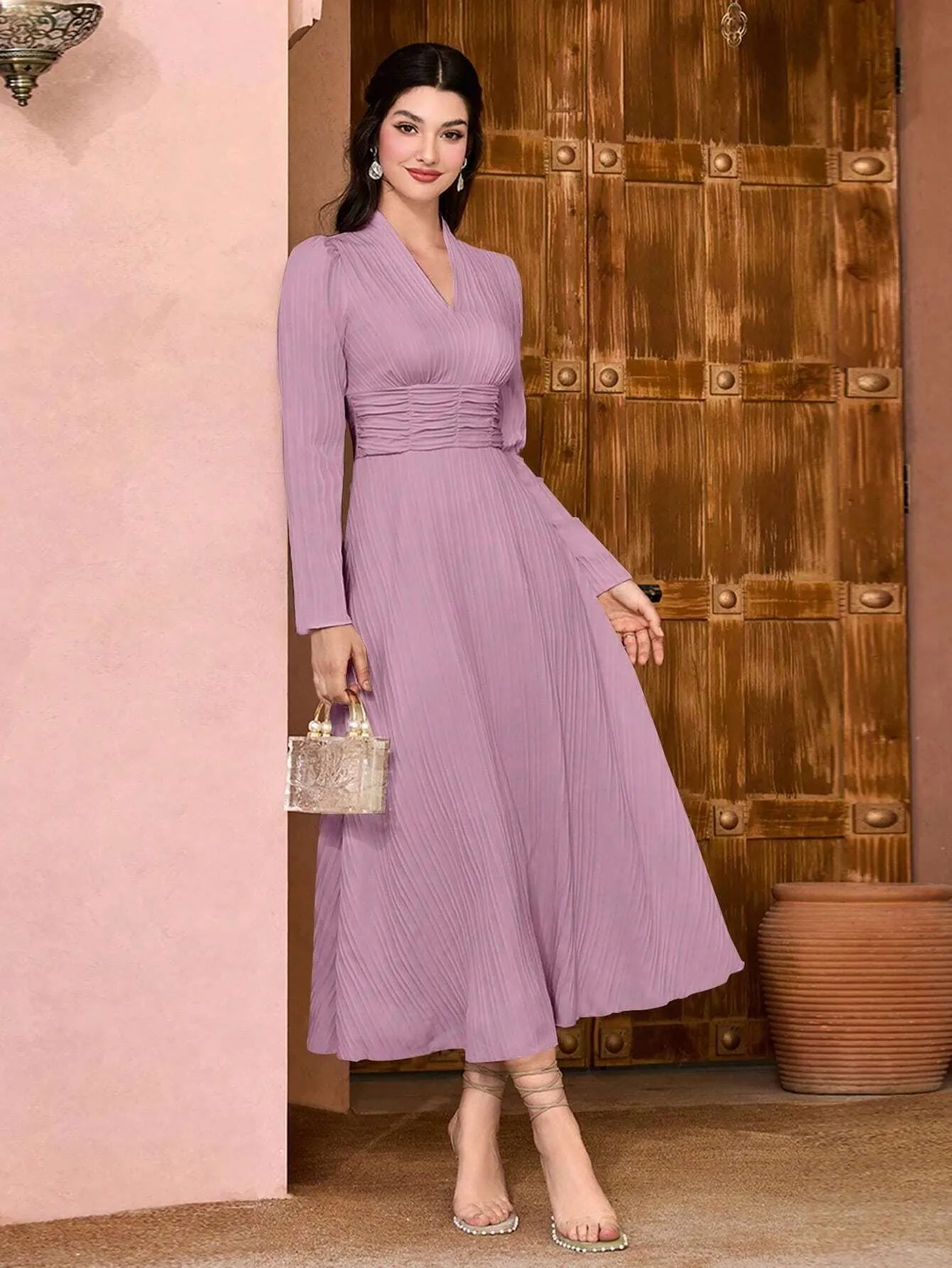 Modely Solid Surplice Neck A-line Dress