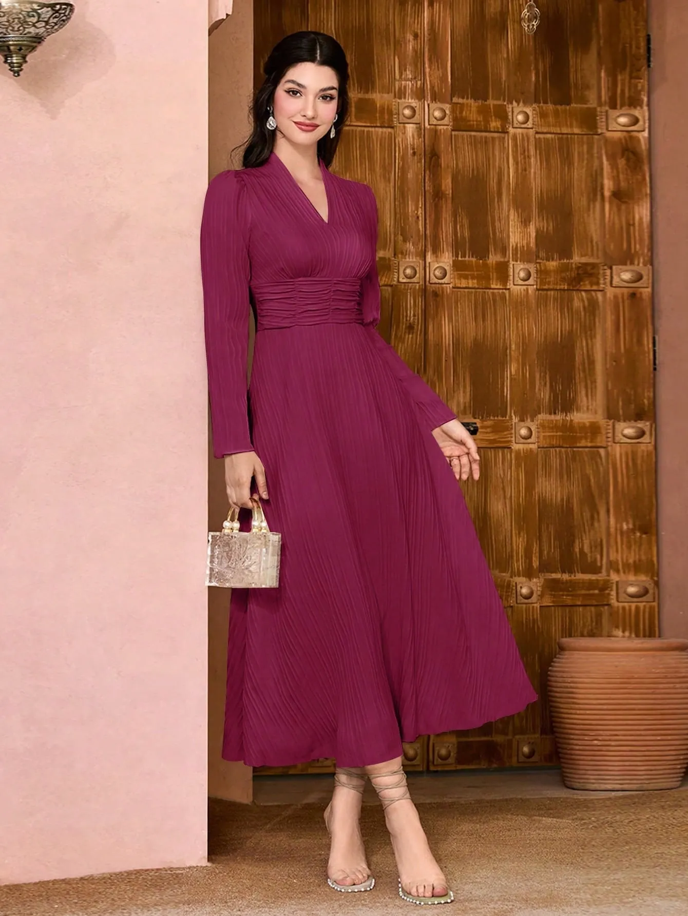 Modely Solid Surplice Neck A-line Dress