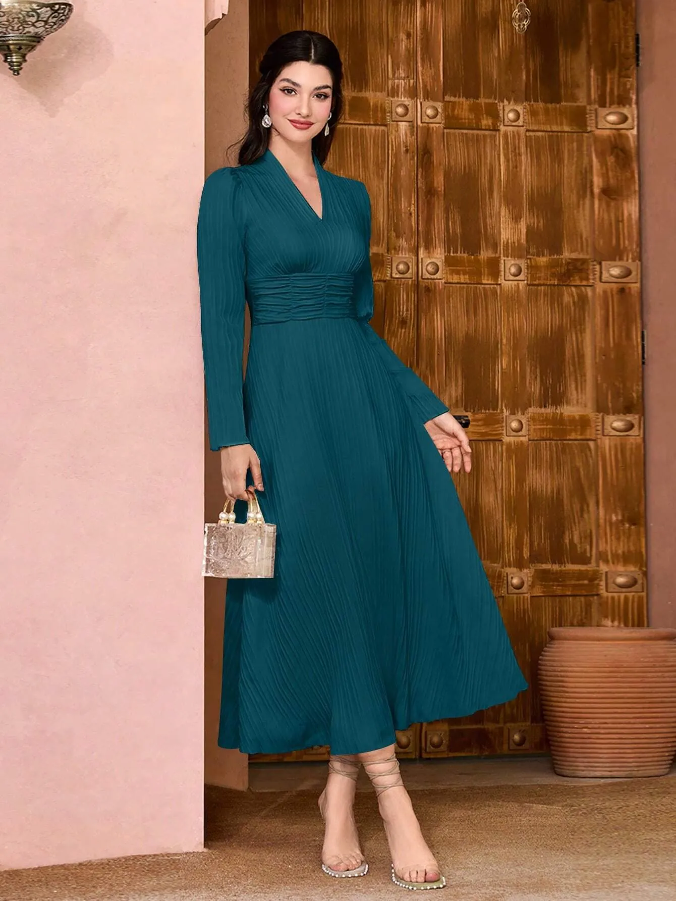 Modely Solid Surplice Neck A-line Dress