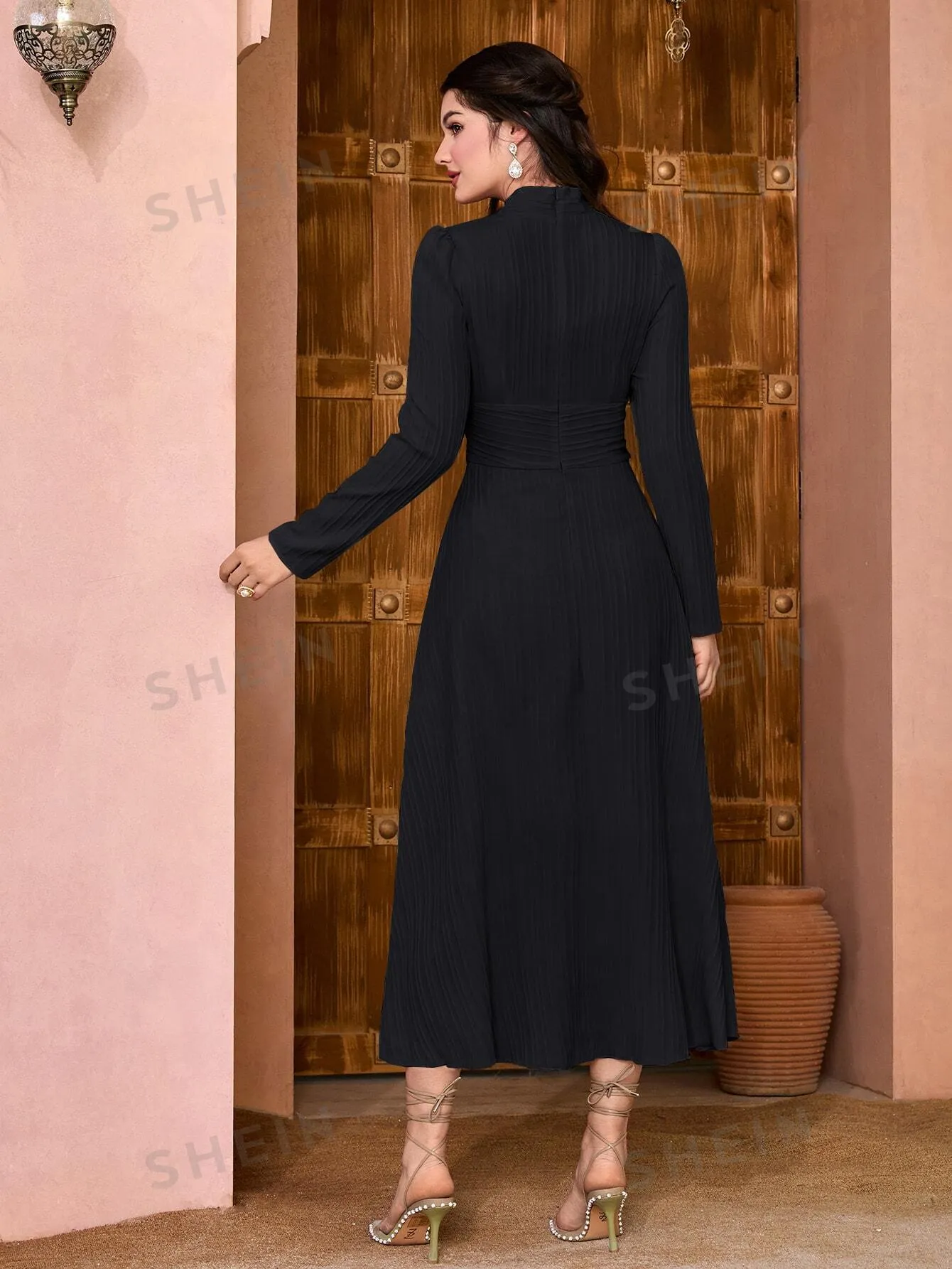 Modely Solid Surplice Neck A-line Dress