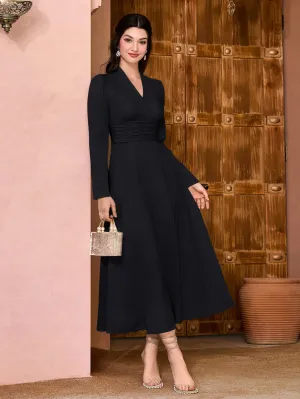 Modely Solid Surplice Neck A-line Dress