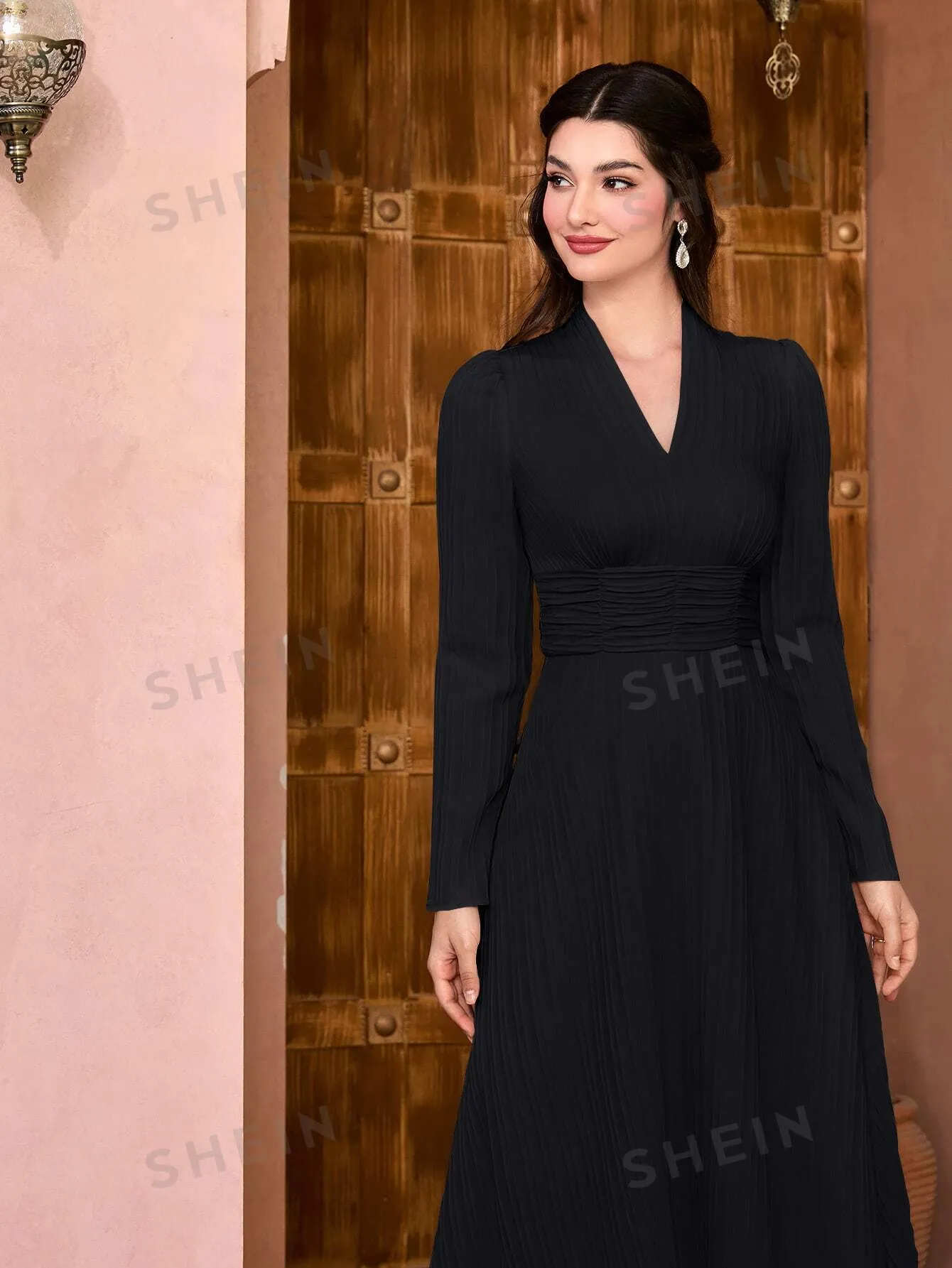 Modely Solid Surplice Neck A-line Dress