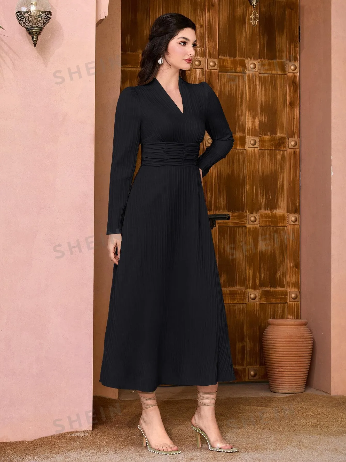 Modely Solid Surplice Neck A-line Dress