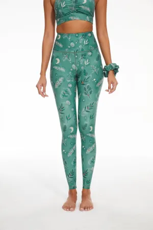 Move With You Women's High Waisted Full Length Leggings - Green Botanical & Celestial Print Yoga Pants with Tummy Control for Everyday & Activewear