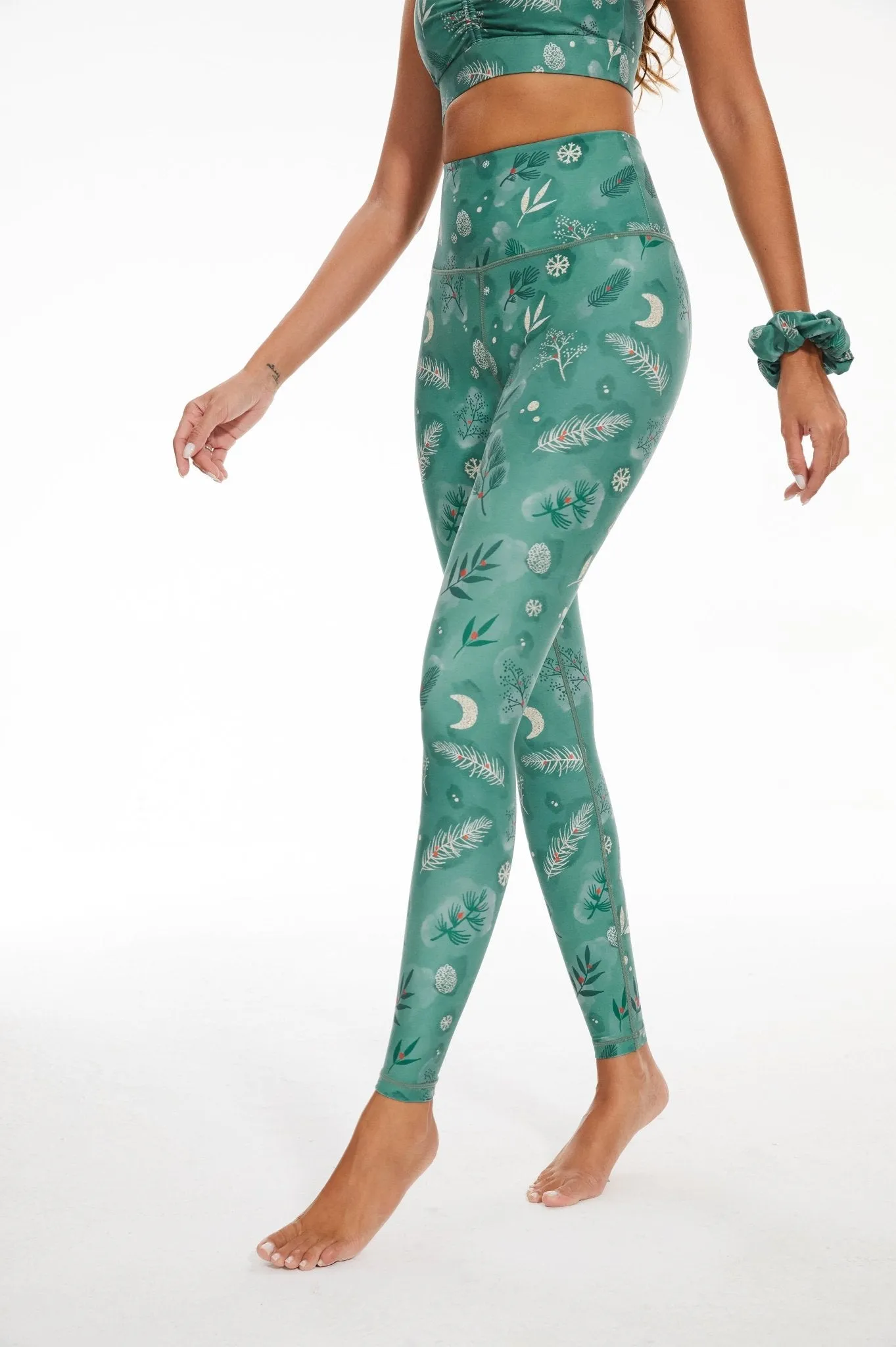 Move With You Women's High Waisted Full Length Leggings - Green Botanical & Celestial Print Yoga Pants with Tummy Control for Everyday & Activewear