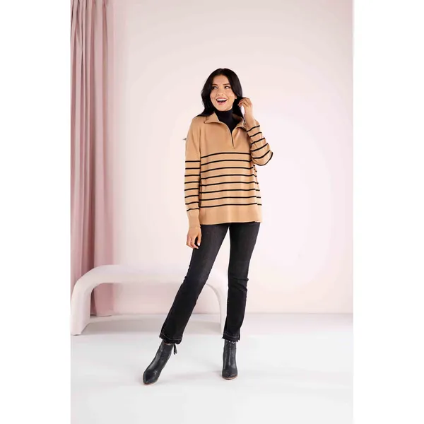 Mud Pie Carlisle Stripe Pullover Sweater - Tan/Black