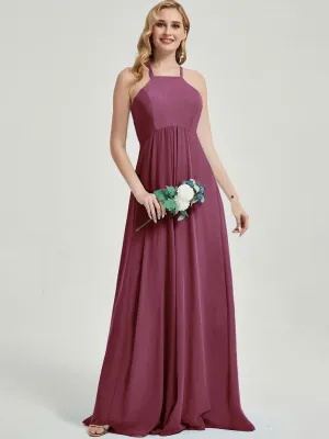 Mulberry Halter Neck Empire Pleated Backless Chiffon Bridesmaid Dress