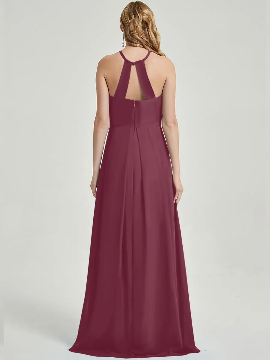Mulberry Halter Neck Empire Pleated Backless Chiffon Bridesmaid Dress
