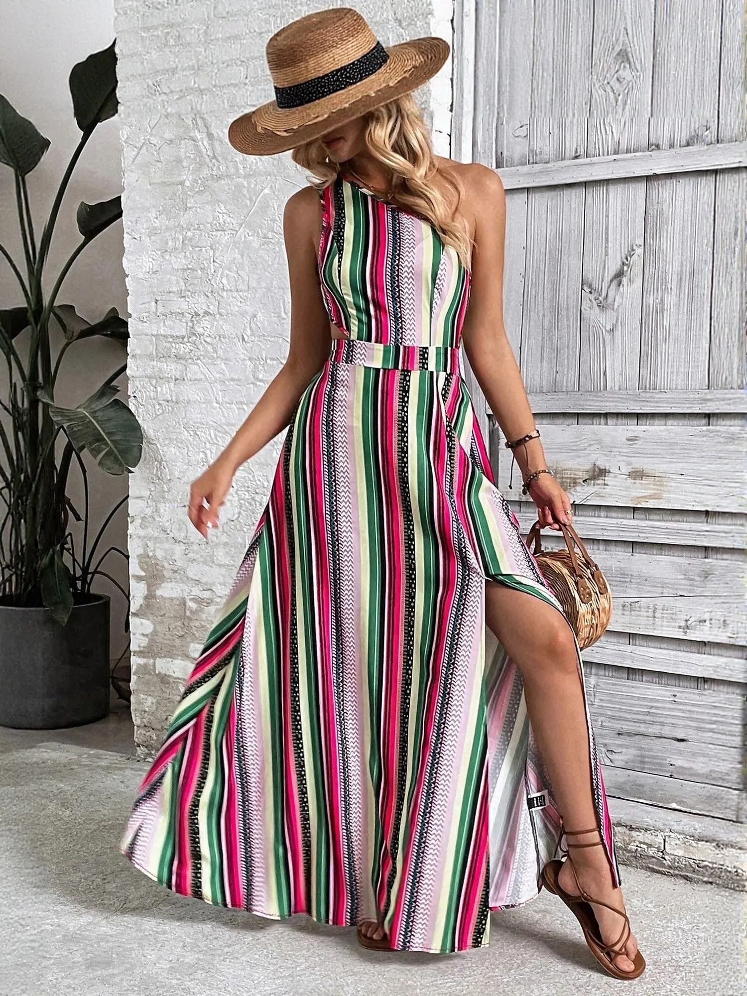 Multi One Shoulder Maxi Dress With Slit