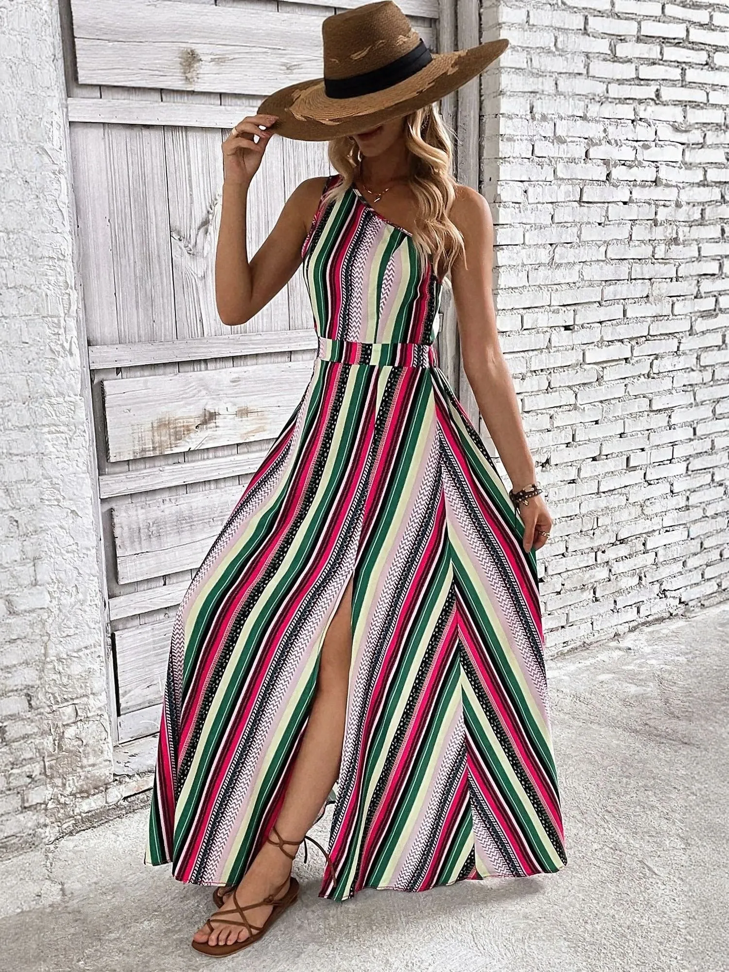 Multi One Shoulder Maxi Dress With Slit