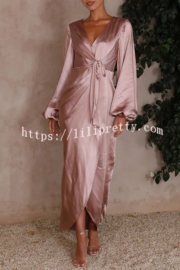 Naomi Satin Strappy V Neck Long Sleeved Wrap Dress