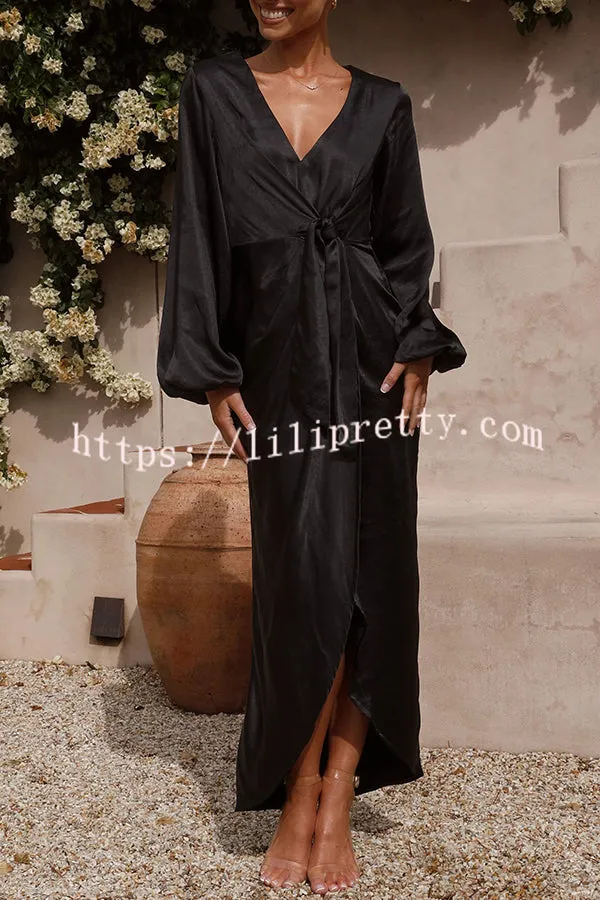 Naomi Satin Strappy V Neck Long Sleeved Wrap Dress