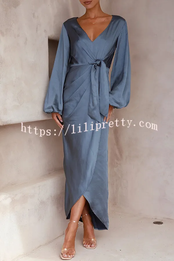 Naomi Satin Strappy V Neck Long Sleeved Wrap Dress