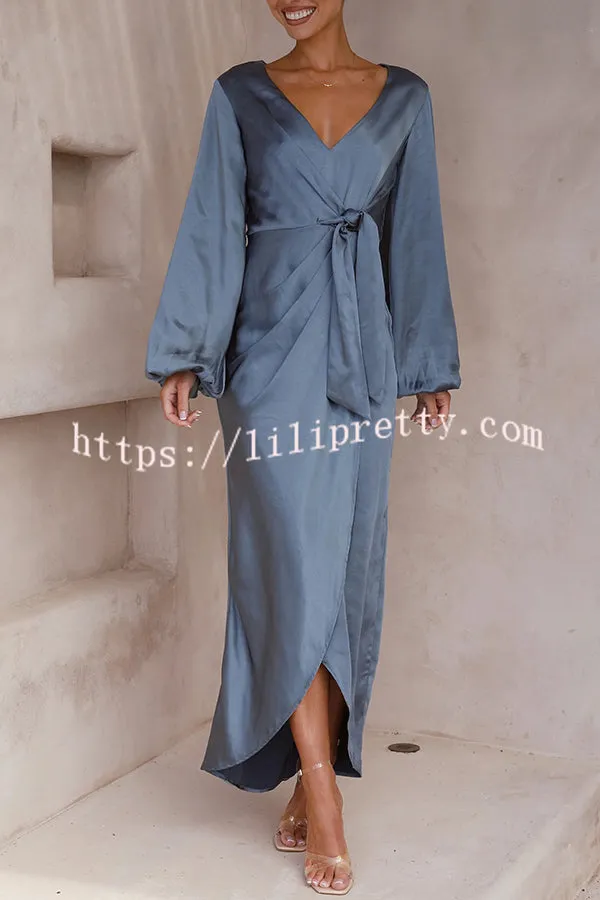 Naomi Satin Strappy V Neck Long Sleeved Wrap Dress