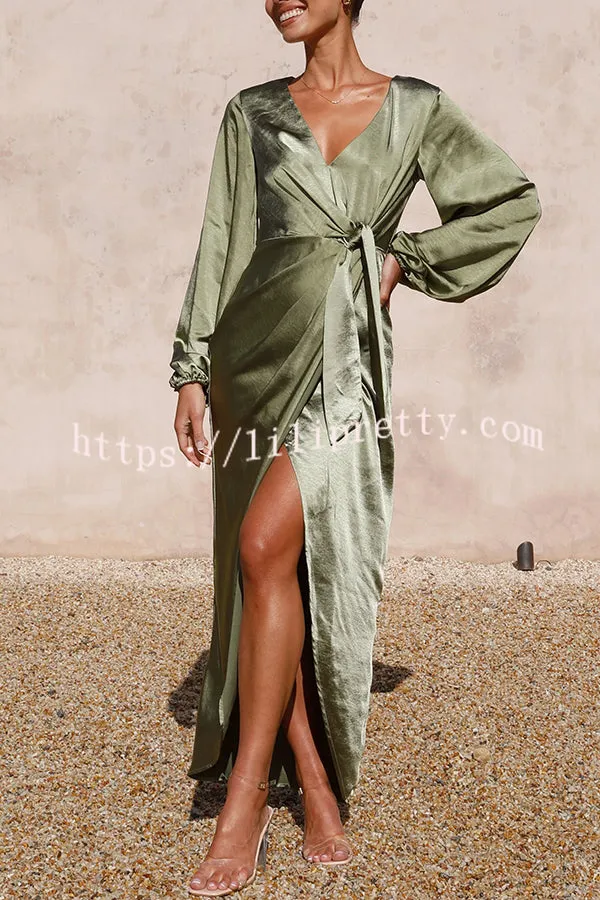 Naomi Satin Strappy V Neck Long Sleeved Wrap Dress