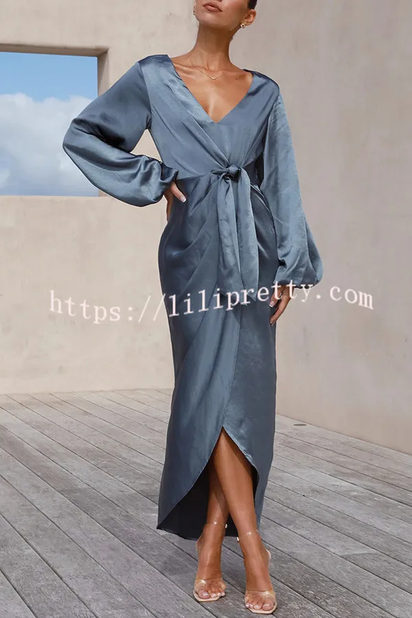 Naomi Satin Strappy V Neck Long Sleeved Wrap Dress