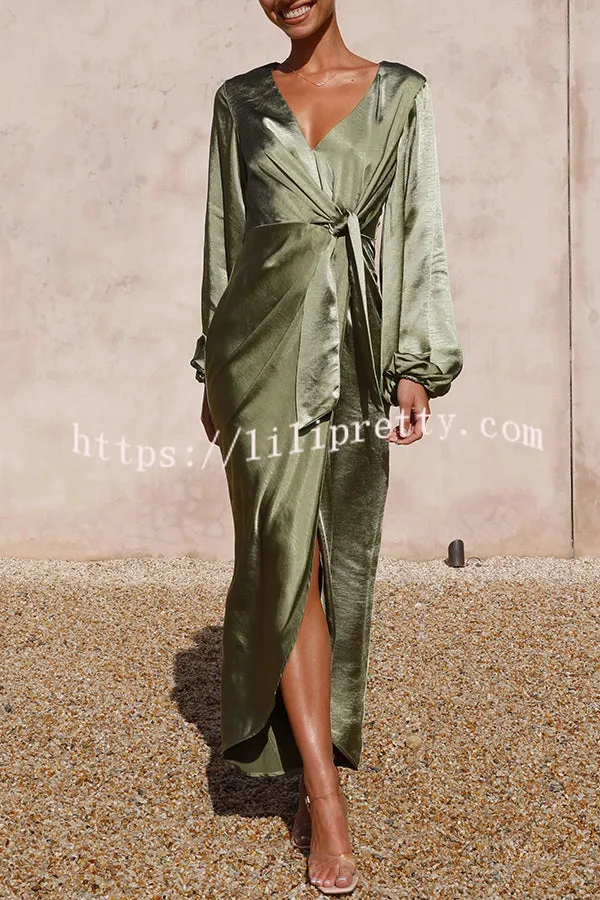 Naomi Satin Strappy V Neck Long Sleeved Wrap Dress