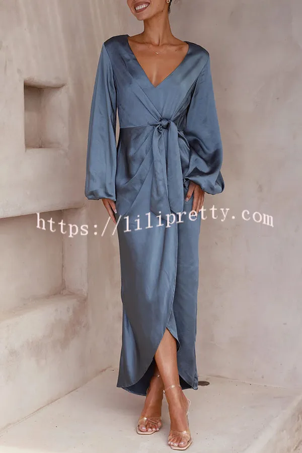 Naomi Satin Strappy V Neck Long Sleeved Wrap Dress