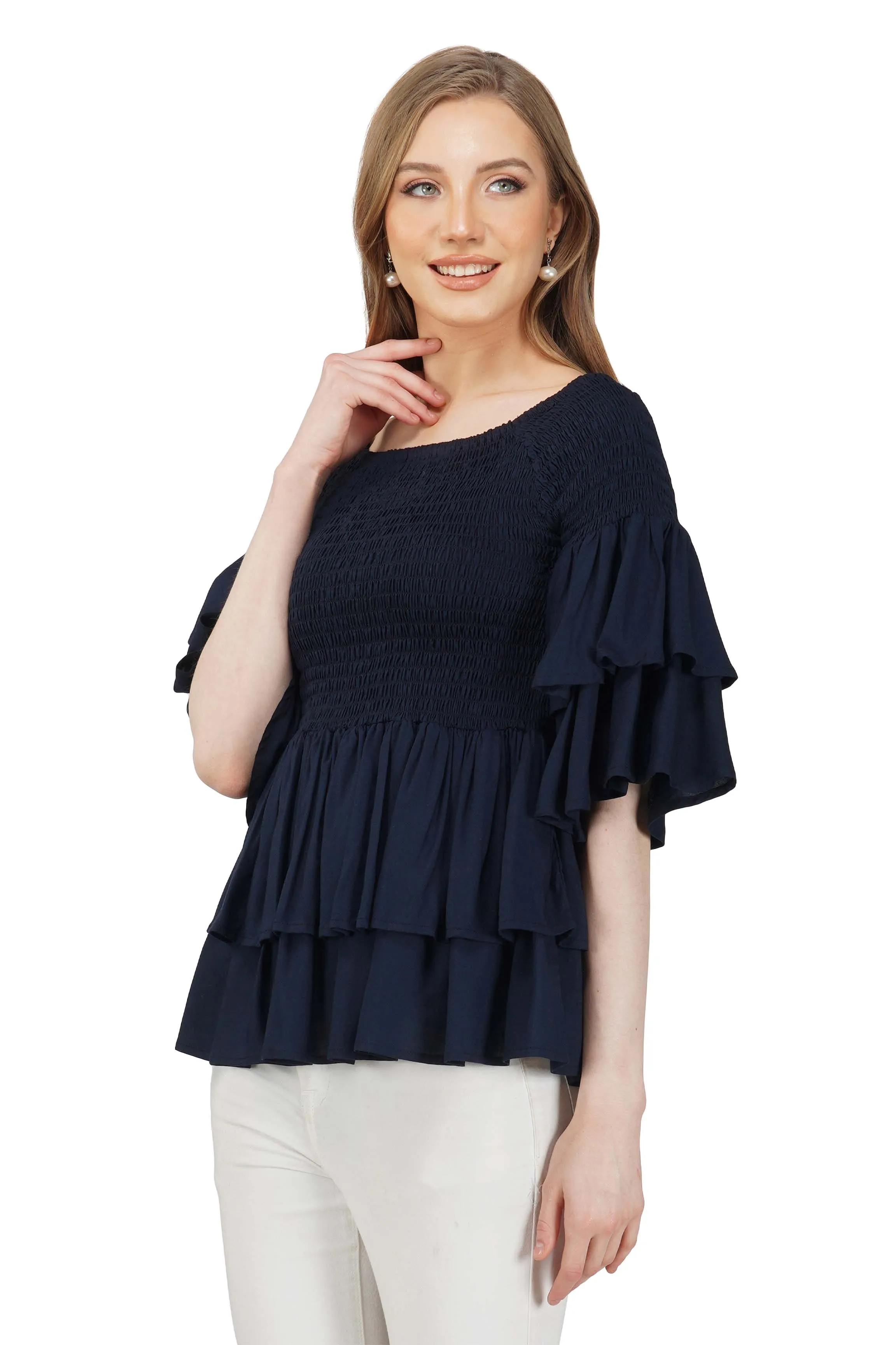 Navy Blue Double Layer Smoked Top