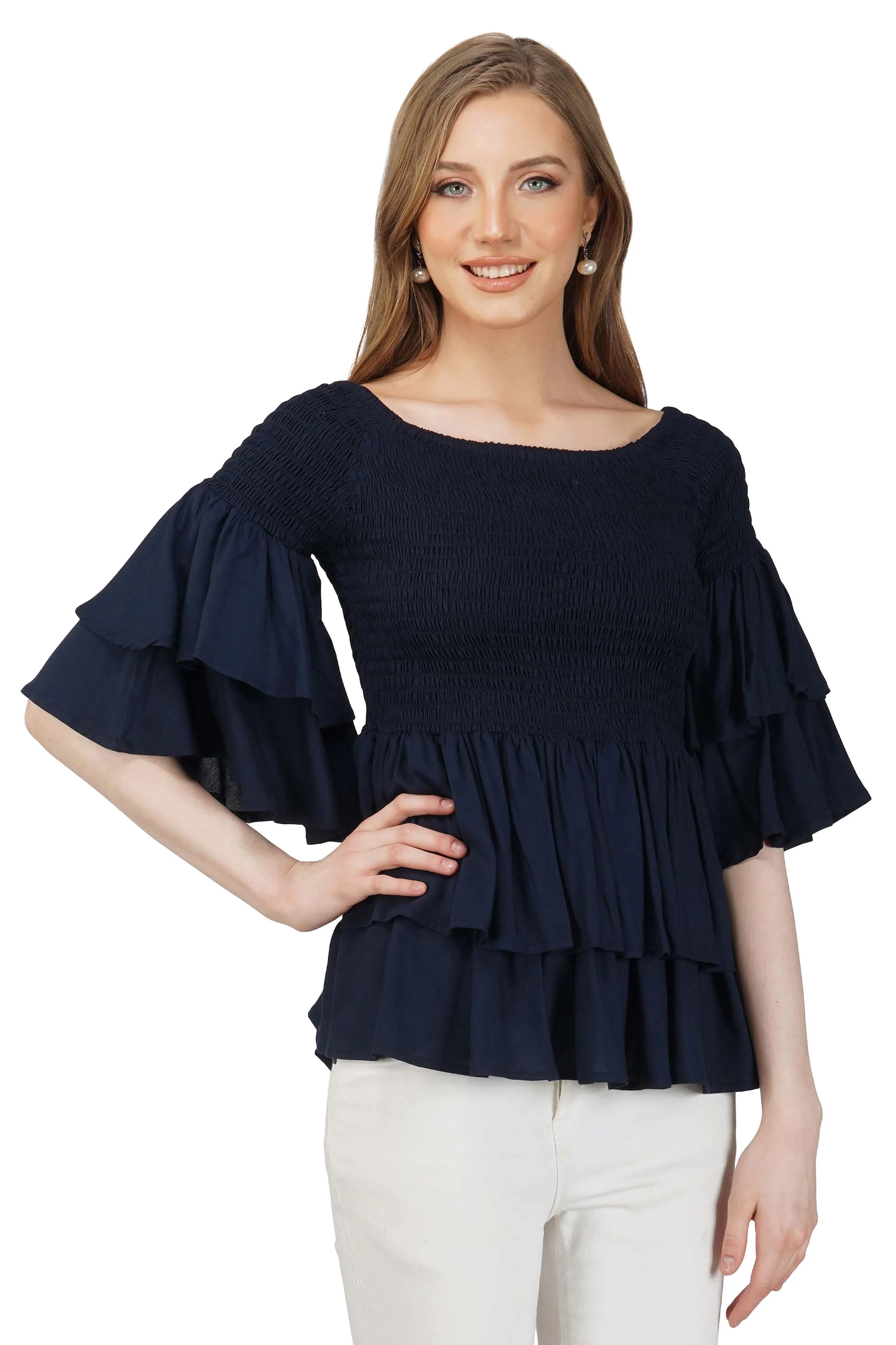 Navy Blue Double Layer Smoked Top