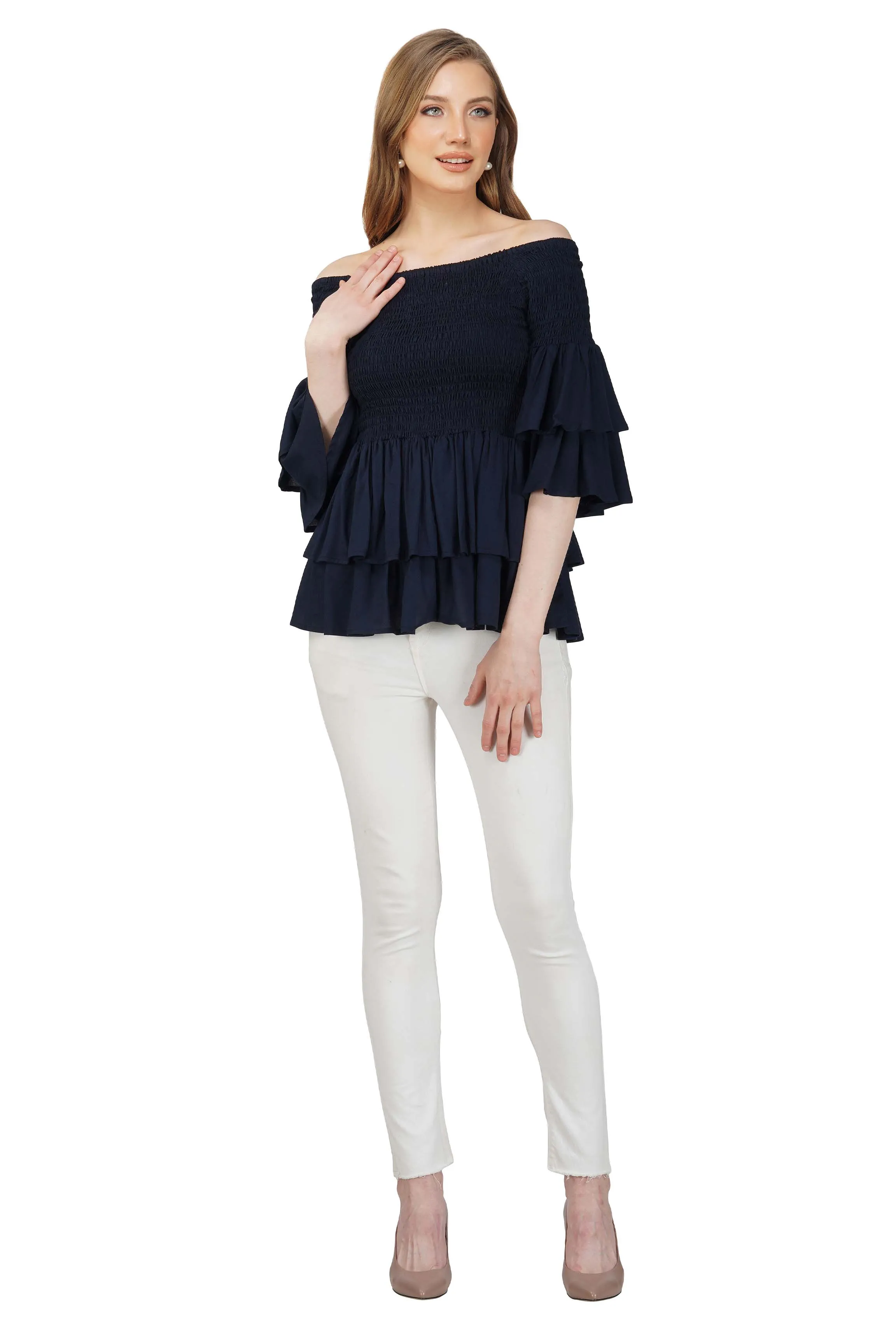 Navy Blue Double Layer Smoked Top