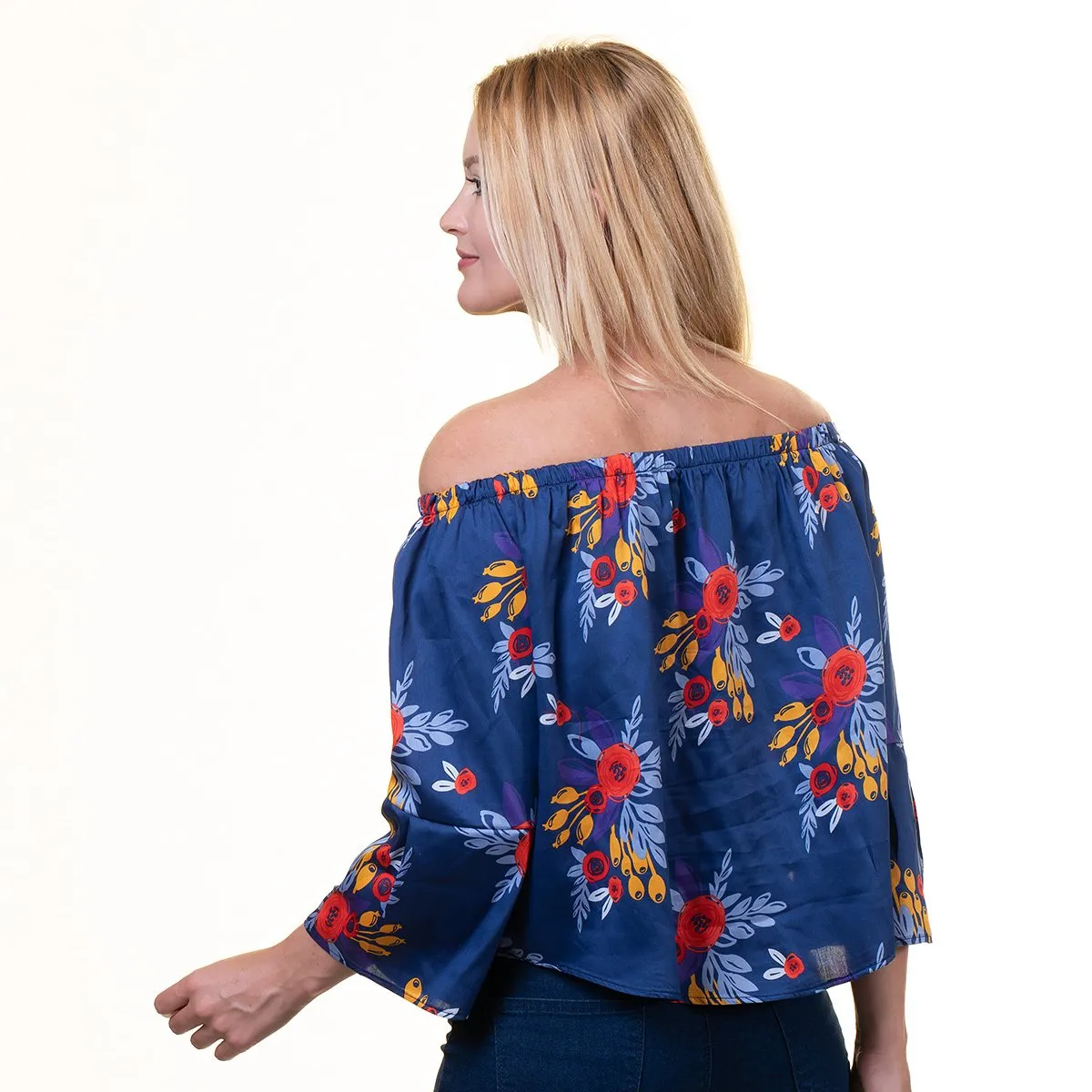 Navy Blue Multicolor Long Sleeve Off the Shoulder Blouse for Women - Going Out Flower Patterned Tops