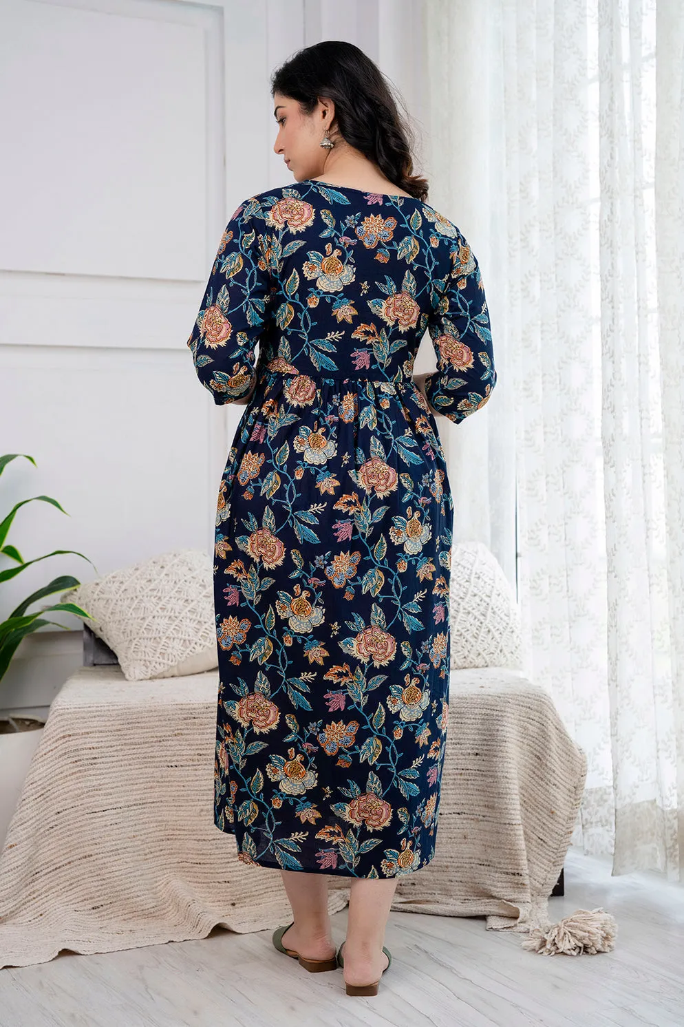 Navy Blue Printed Maternity Dress For Women