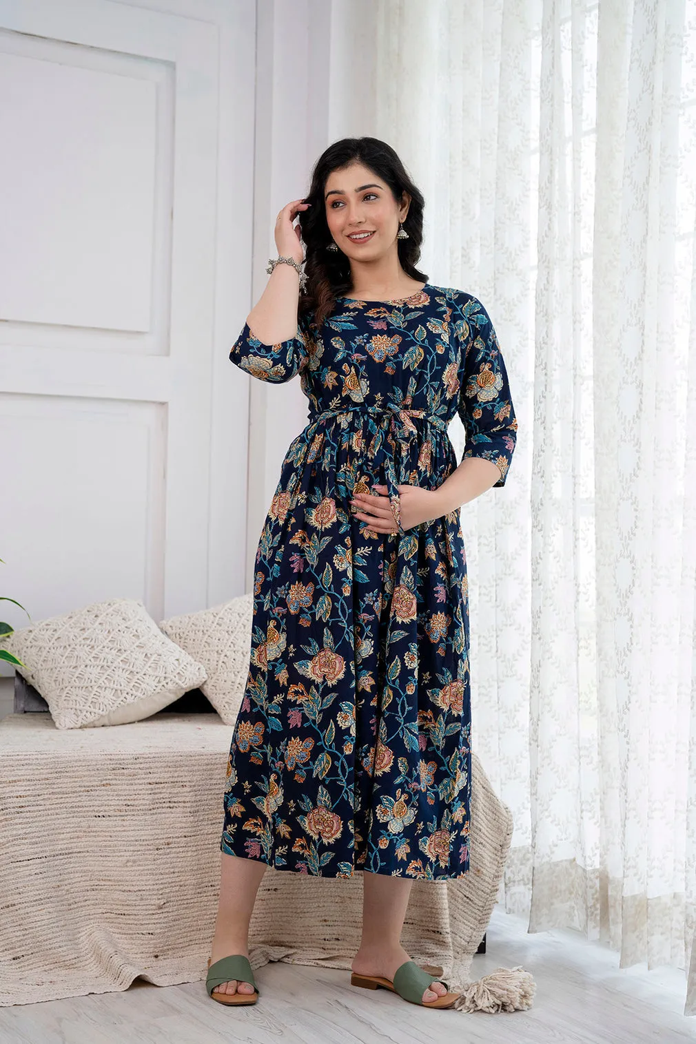 Navy Blue Printed Maternity Dress For Women