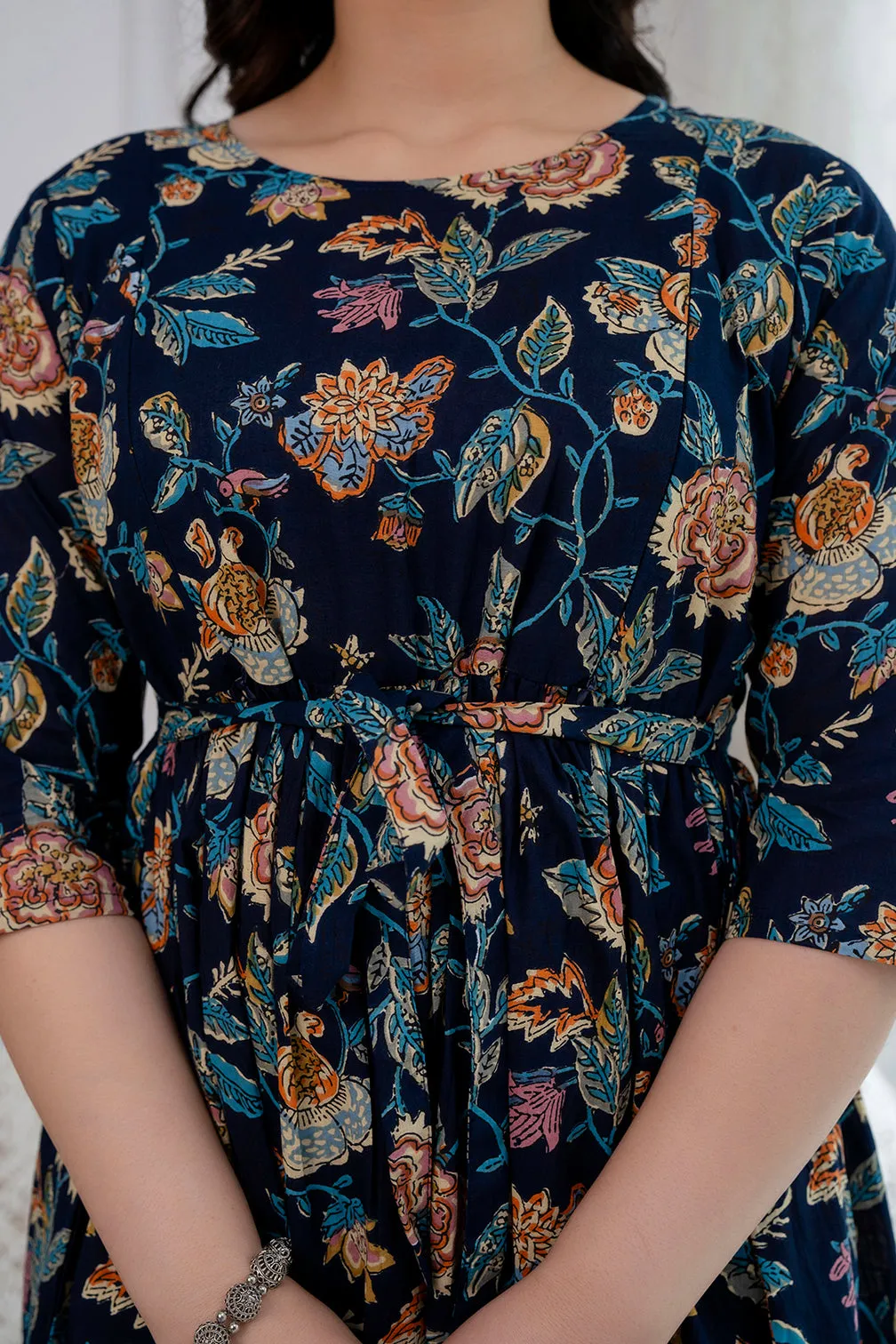 Navy Blue Printed Maternity Dress For Women
