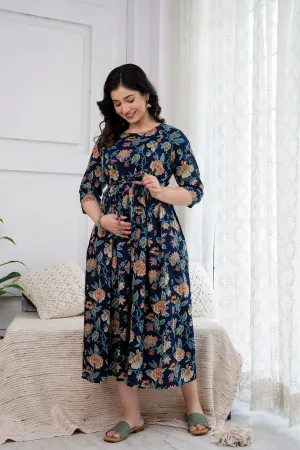 Navy Blue Printed Maternity Dress For Women