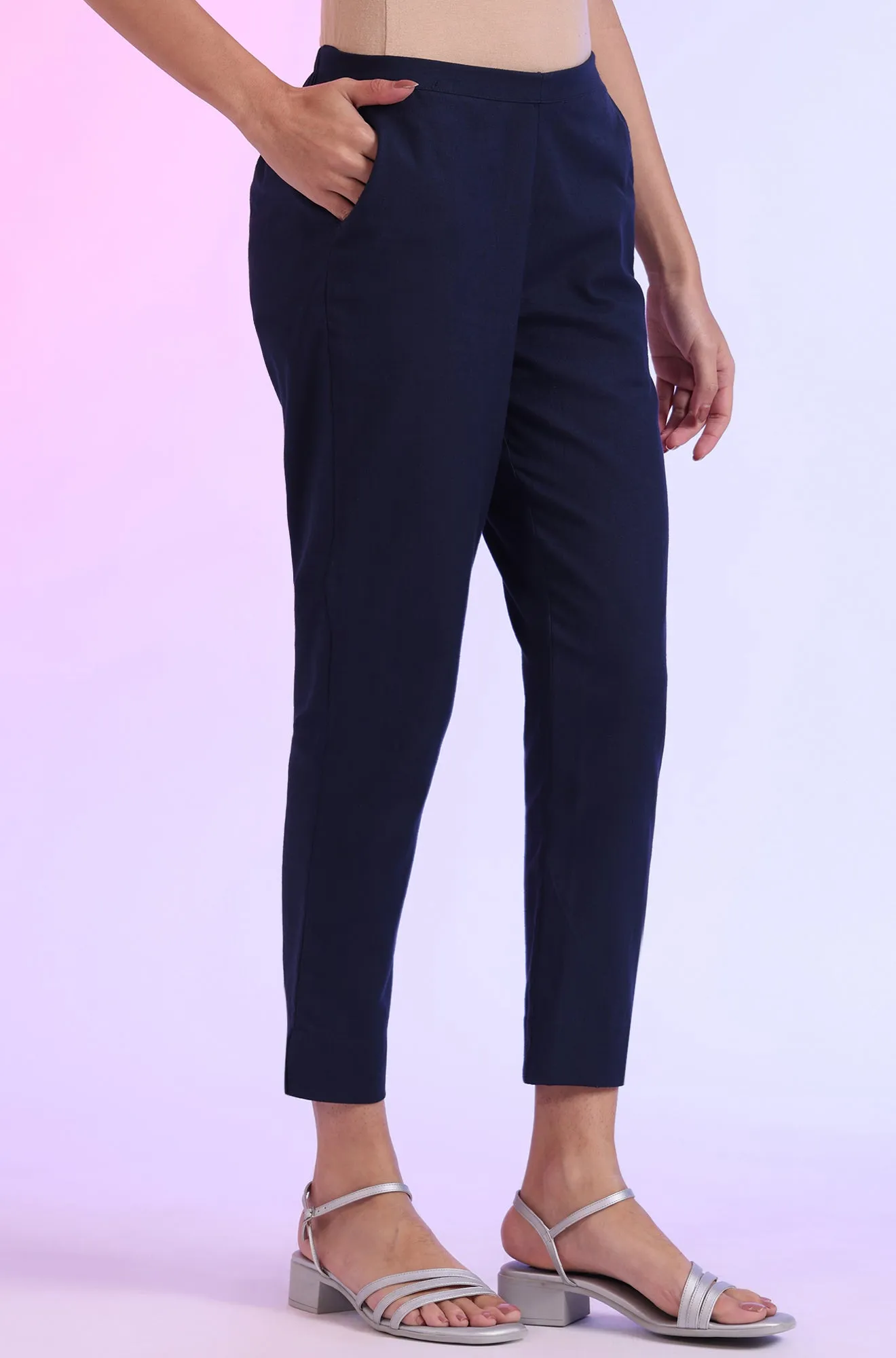 Navy Blue Solid Viscose Flax Straight Fit Trousers
