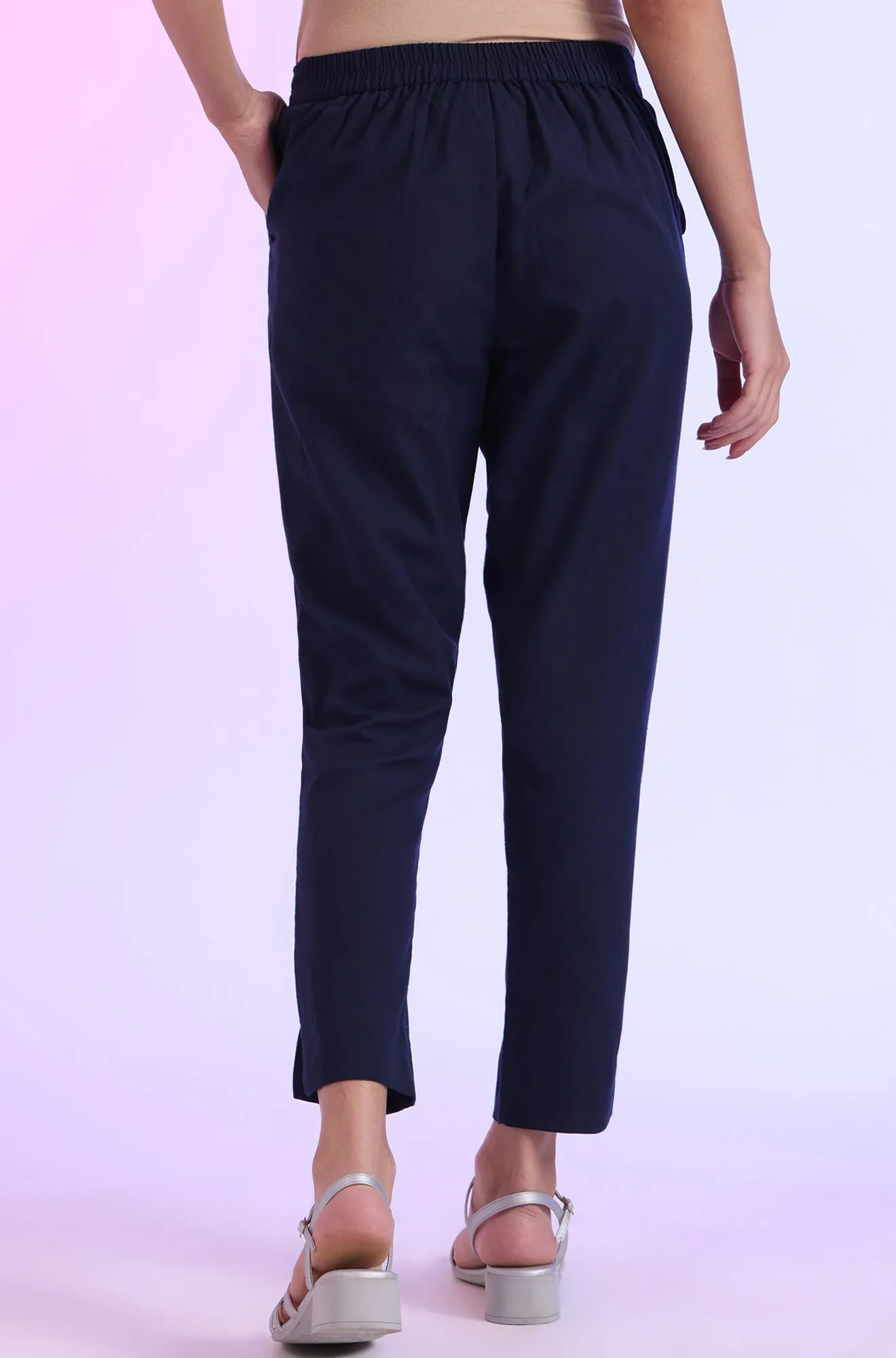 Navy Blue Solid Viscose Flax Straight Fit Trousers