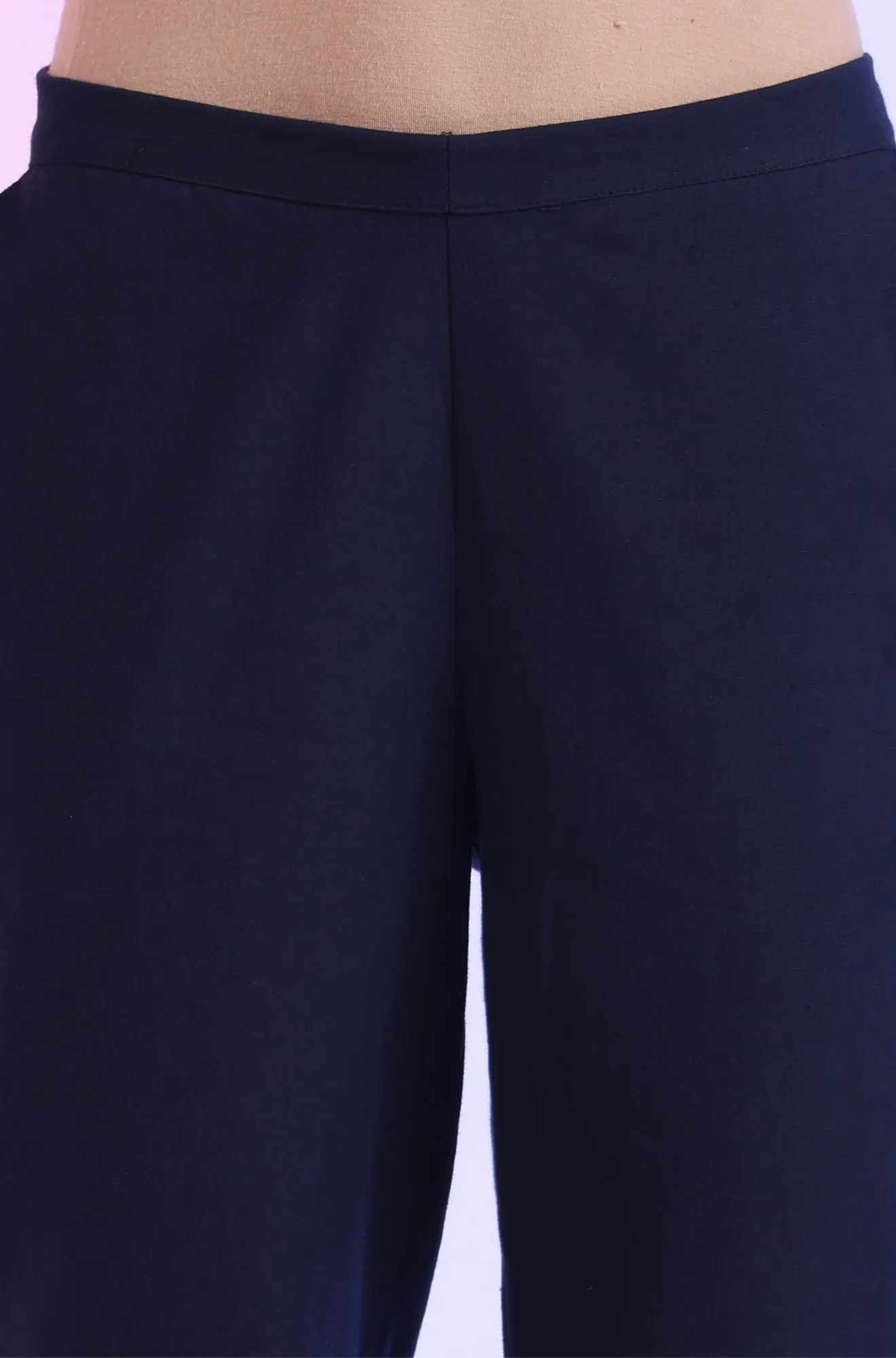 Navy Blue Solid Viscose Flax Straight Fit Trousers