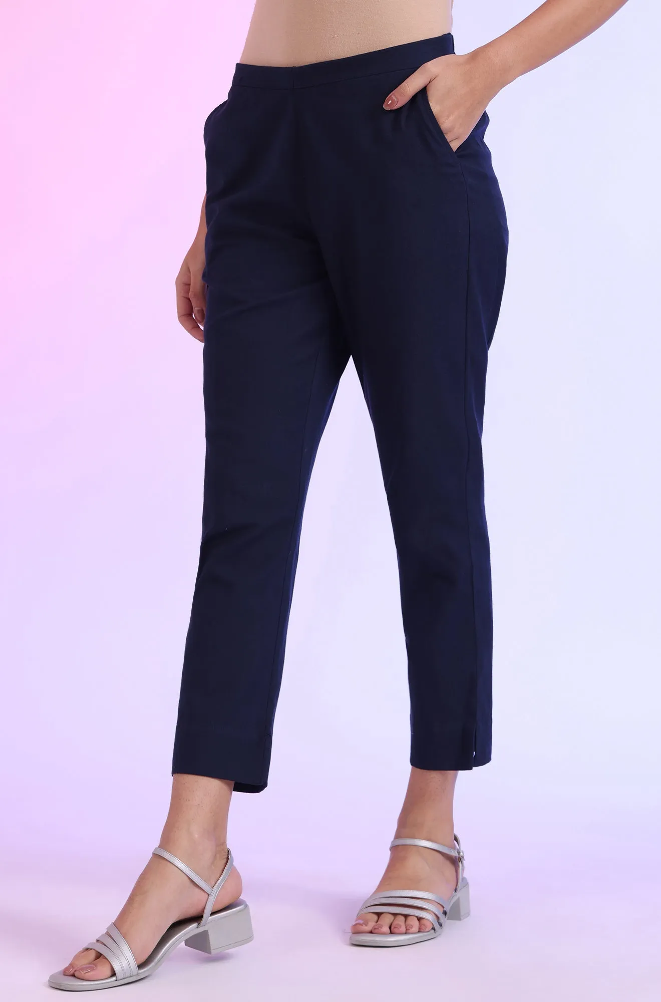 Navy Blue Solid Viscose Flax Straight Fit Trousers