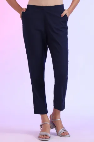 Navy Blue Solid Viscose Flax Straight Fit Trousers