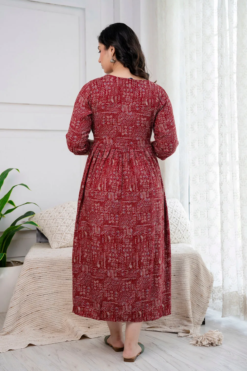 Navy Maroon Abstract Printed Maternity Dress For Women