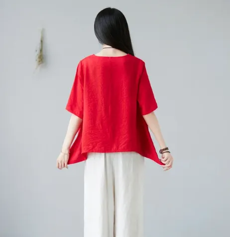 NEW Asymmetrical Linen Tops in Red, Oversize Linen Tops, Casual Linen Blouse, Summer Loose Linen Blouse, Red, Tag says Sz 3X Fits like L/XL