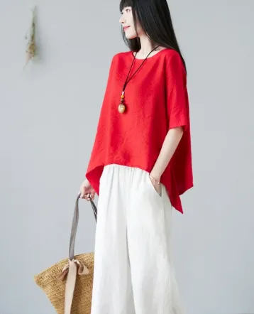 NEW Asymmetrical Linen Tops in Red, Oversize Linen Tops, Casual Linen Blouse, Summer Loose Linen Blouse, Red, Tag says Sz 3X Fits like L/XL