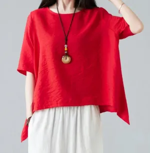 NEW Asymmetrical Linen Tops in Red, Oversize Linen Tops, Casual Linen Blouse, Summer Loose Linen Blouse, Red, Tag says Sz 3X Fits like L/XL