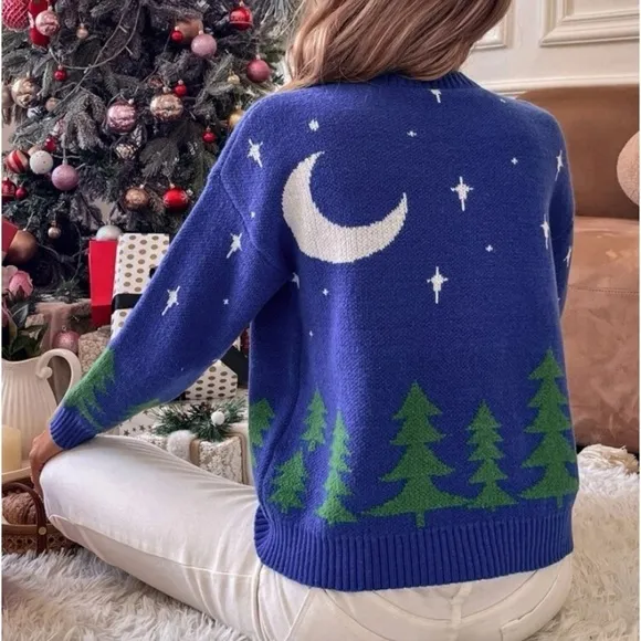 New blue fall winter moon scene sweater