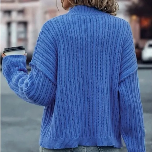 New blue mock neck long sleeve sweater