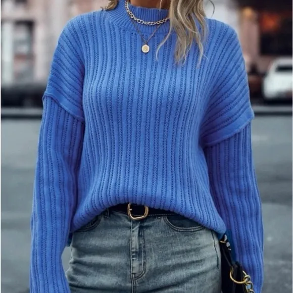 New blue mock neck long sleeve sweater